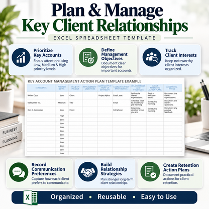 Key Account Management Action Plan Excel Template | Client Relationship & Retention Planner