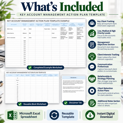 Key Account Management Action Plan Excel Template | Client Relationship & Retention Planner