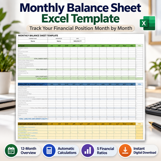 Monthly Balance Sheet Excel Template | 12-Month Business Financial Tracker & Automatic Calculations