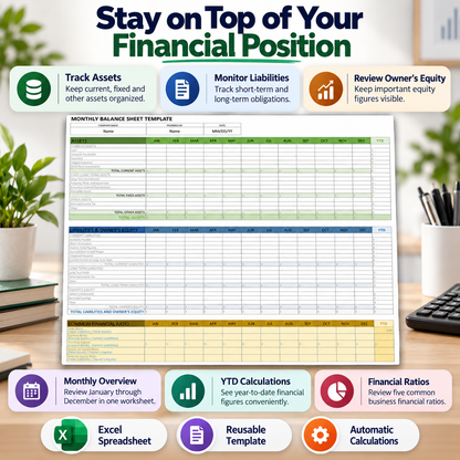 Monthly Balance Sheet Excel Template | 12-Month Business Financial Tracker & Automatic Calculations