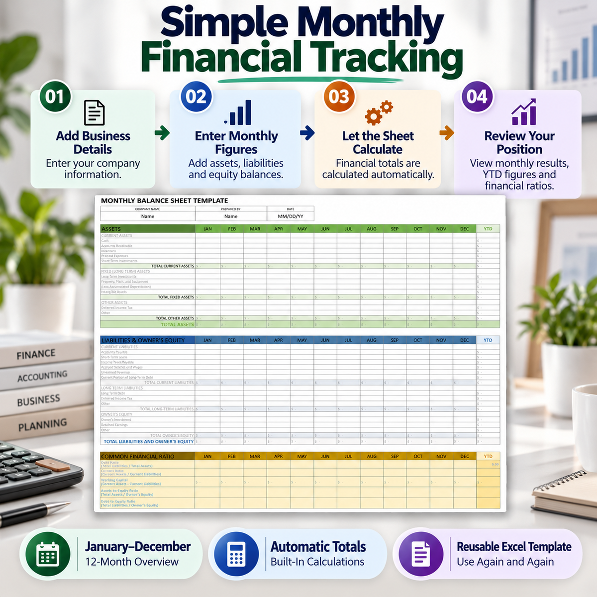 Monthly Balance Sheet Excel Template | 12-Month Business Financial Tracker & Automatic Calculations