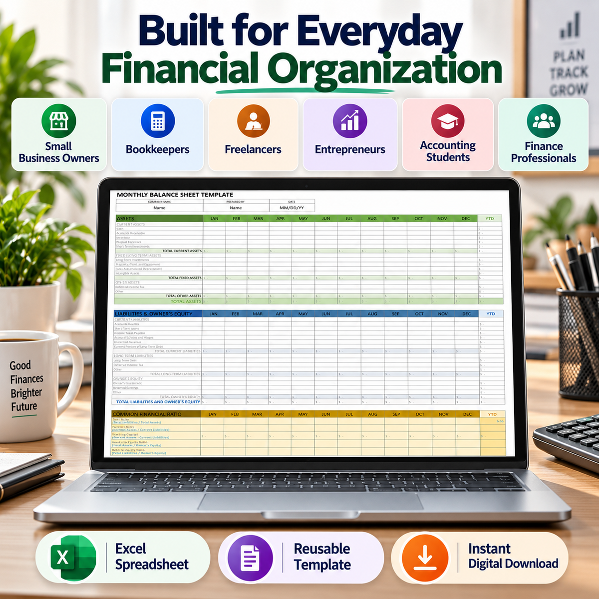 Monthly Balance Sheet Excel Template | 12-Month Business Financial Tracker & Automatic Calculations