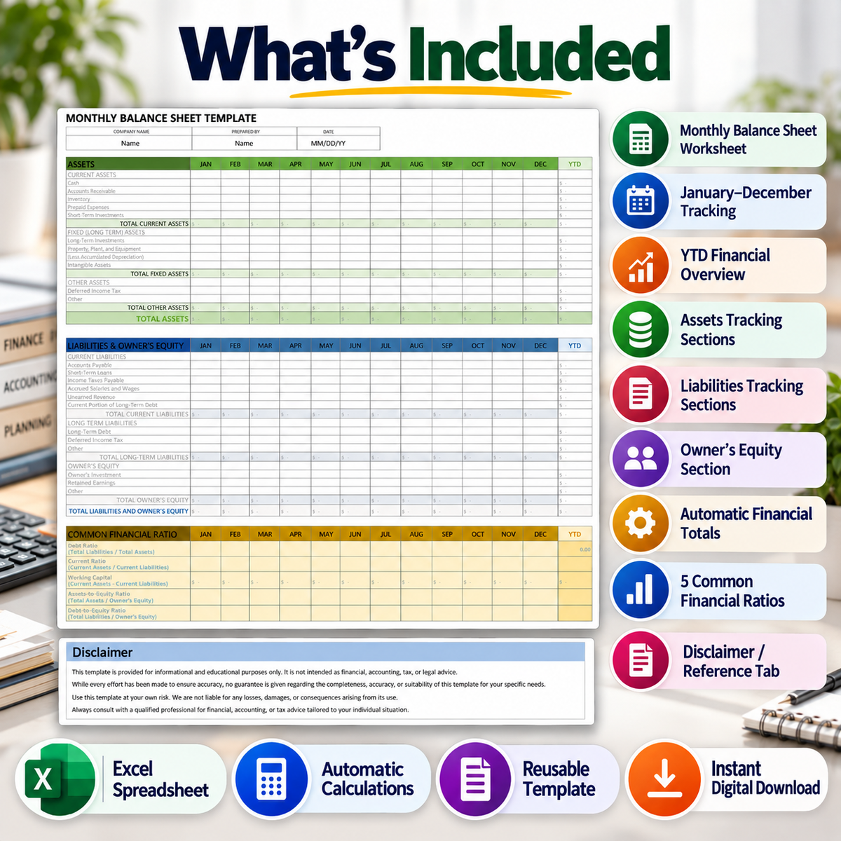 Monthly Balance Sheet Excel Template | 12-Month Business Financial Tracker & Automatic Calculations