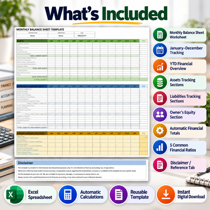 Monthly Balance Sheet Excel Template | 12-Month Business Financial Tracker & Automatic Calculations
