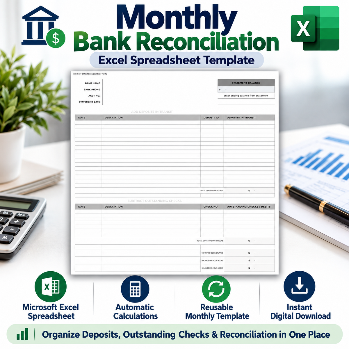 Monthly Bank Reconciliation Excel Template | Bank Reconciliation Spreadsheet | Deposits & Outstanding Checks Tracker