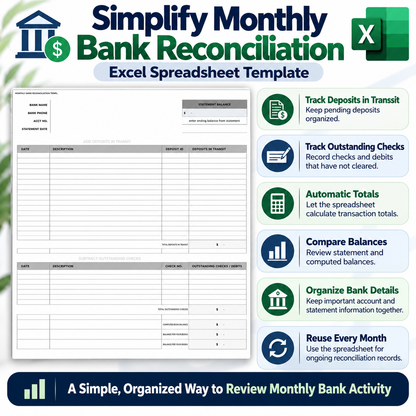 Monthly Bank Reconciliation Excel Template | Bank Reconciliation Spreadsheet | Deposits & Outstanding Checks Tracker