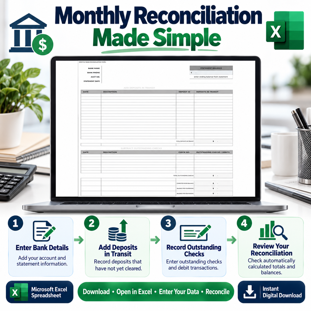 Monthly Bank Reconciliation Excel Template | Bank Reconciliation Spreadsheet | Deposits & Outstanding Checks Tracker