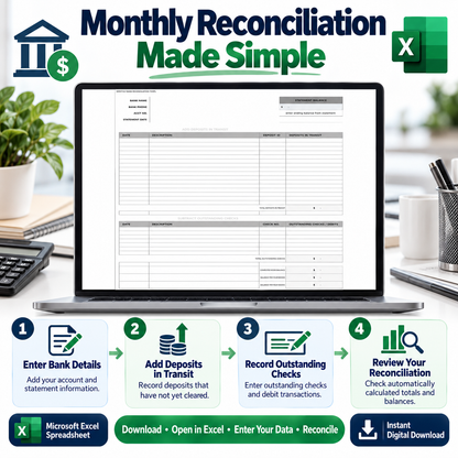 Monthly Bank Reconciliation Excel Template | Bank Reconciliation Spreadsheet | Deposits & Outstanding Checks Tracker