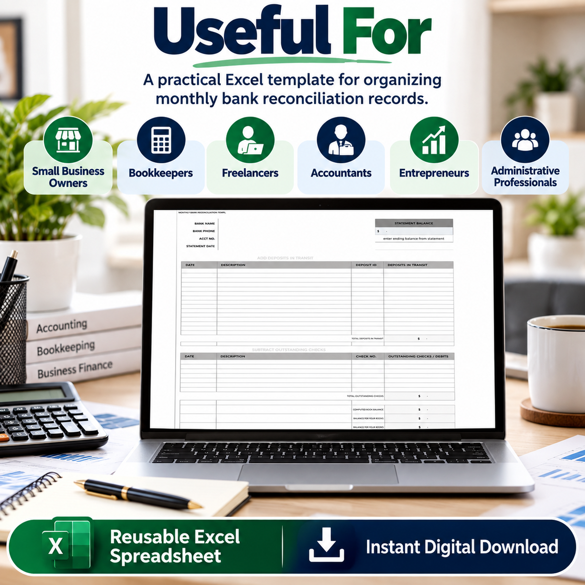 Monthly Bank Reconciliation Excel Template | Bank Reconciliation Spreadsheet | Deposits & Outstanding Checks Tracker