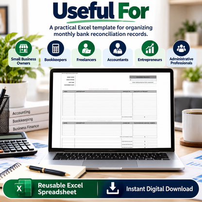 Monthly Bank Reconciliation Excel Template | Bank Reconciliation Spreadsheet | Deposits & Outstanding Checks Tracker