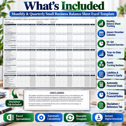 Monthly & Quarterly Balance Sheet Excel Template | Small Business