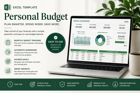 Personal Budget Spreadsheet | Excel Budget Planner with Dashboard & Savings Tracker