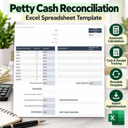 Petty Cash Reconciliation Excel Template | Cash Count & Receipt Tracking Spreadsheet | Small Business Accounting Template