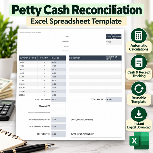 Petty Cash Reconciliation Excel Template | Cash Count & Receipt Tracking Spreadsheet | Small Business Accounting Template