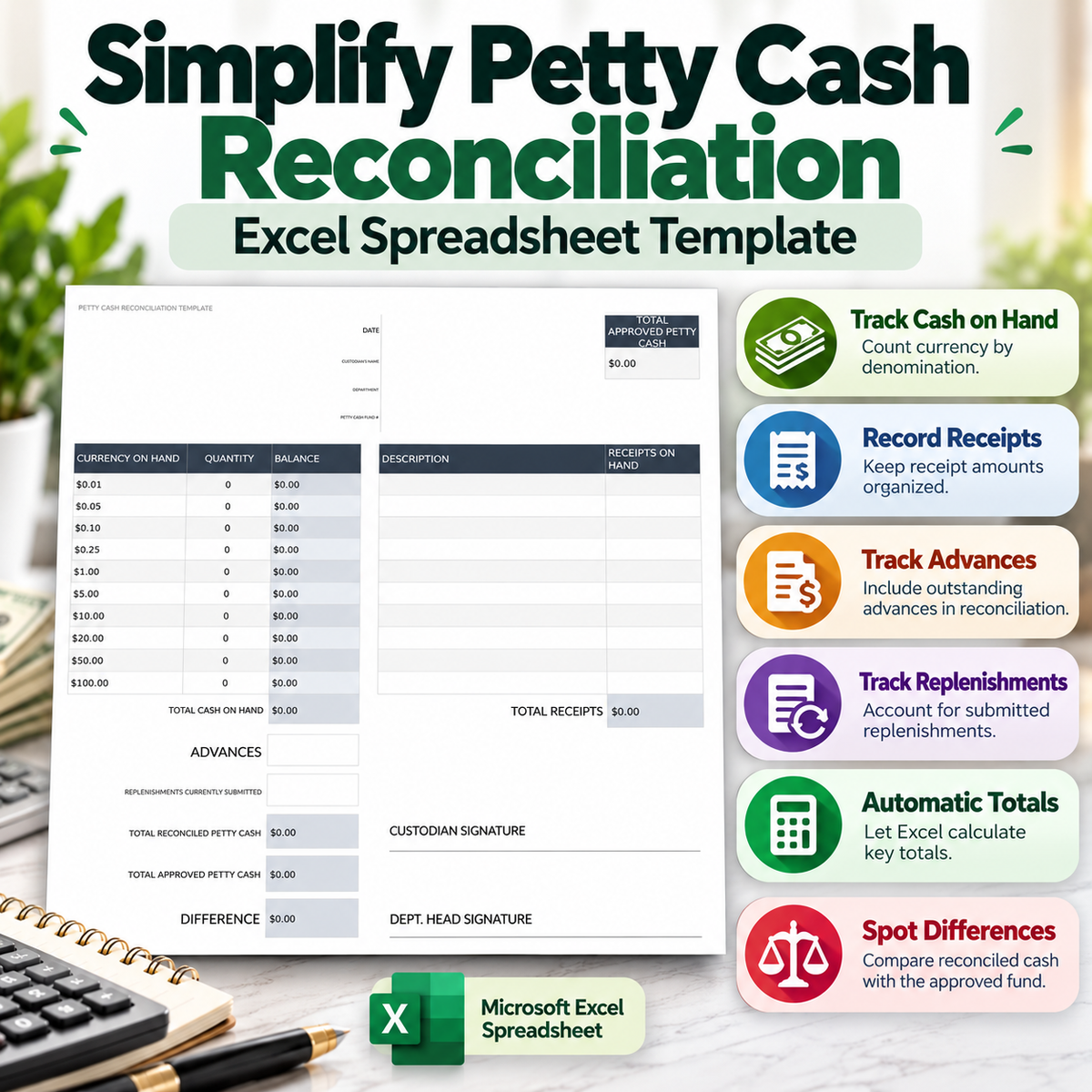 Petty Cash Reconciliation Excel Template | Cash Count & Receipt Tracking Spreadsheet | Small Business Accounting Template