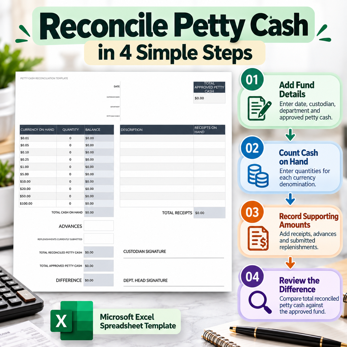 Petty Cash Reconciliation Excel Template | Cash Count & Receipt Tracking Spreadsheet | Small Business Accounting Template