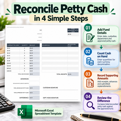 Petty Cash Reconciliation Excel Template | Cash Count & Receipt Tracking Spreadsheet | Small Business Accounting Template