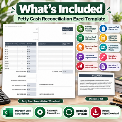 Petty Cash Reconciliation Excel Template | Cash Count & Receipt Tracking Spreadsheet | Small Business Accounting Template