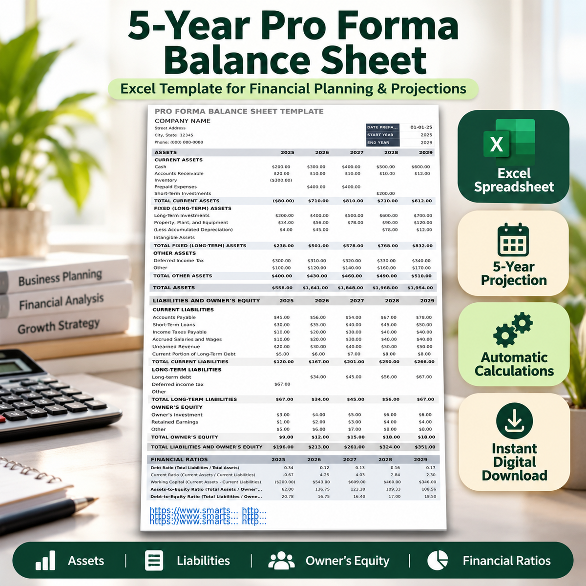 5-Year Pro Forma Balance Sheet Excel Template – Financial Projection Spreadsheet