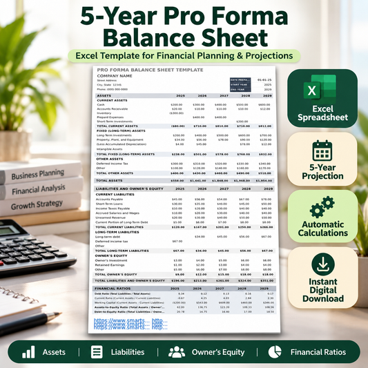 5-Year Pro Forma Balance Sheet Excel Template – Financial Projection Spreadsheet