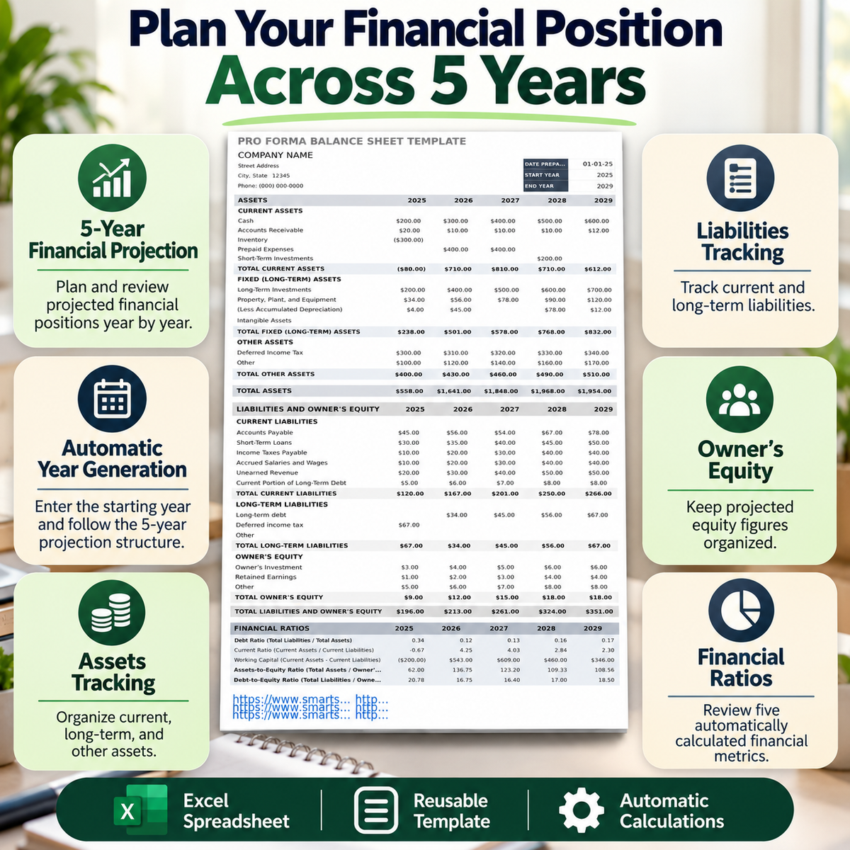 5-Year Pro Forma Balance Sheet Excel Template – Financial Projection Spreadsheet