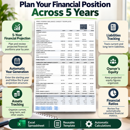 5-Year Pro Forma Balance Sheet Excel Template – Financial Projection Spreadsheet