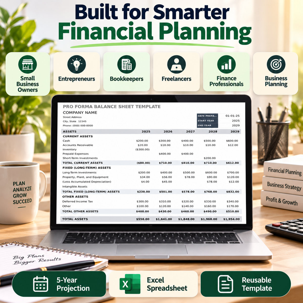 5-Year Pro Forma Balance Sheet Excel Template – Financial Projection Spreadsheet