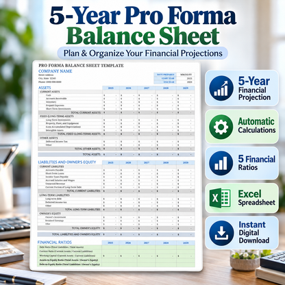 5-Year Pro Forma Balance Sheet Excel Template | Financial Projection Spreadsheet