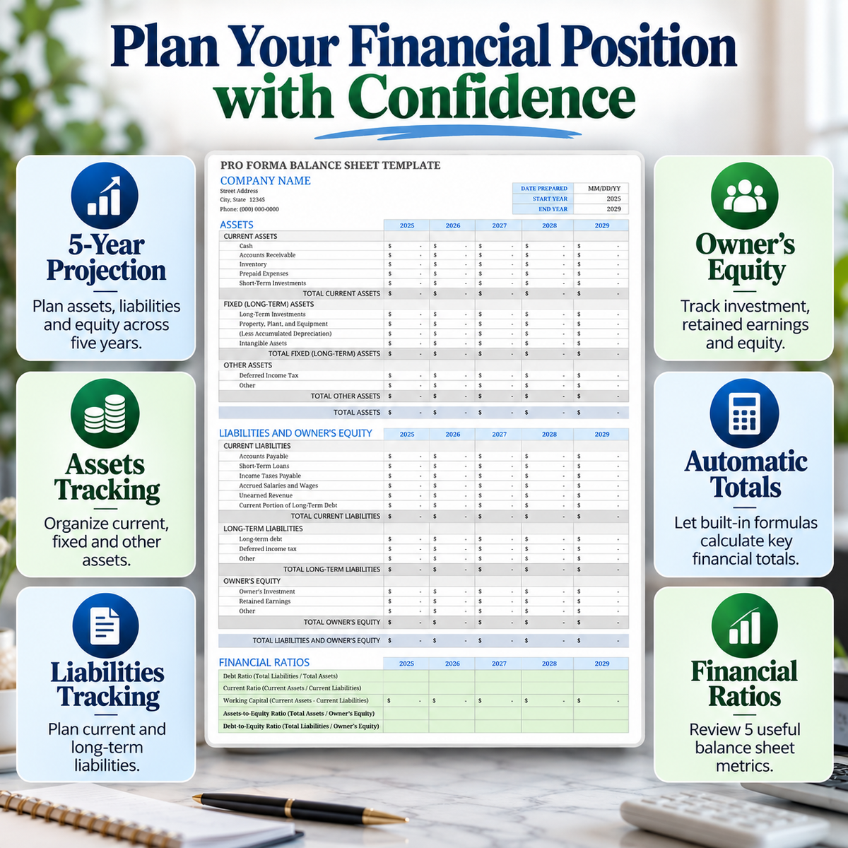 5-Year Pro Forma Balance Sheet Excel Template | Financial Projection Spreadsheet