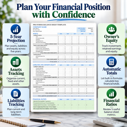 5-Year Pro Forma Balance Sheet Excel Template | Financial Projection Spreadsheet