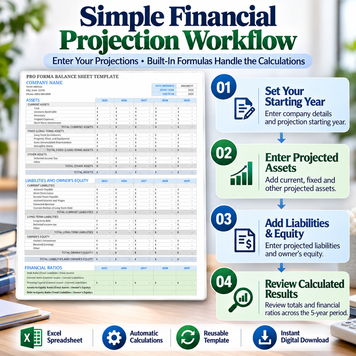 5-Year Pro Forma Balance Sheet Excel Template | Financial Projection Spreadsheet