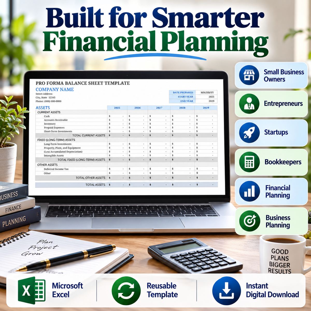 5-Year Pro Forma Balance Sheet Excel Template | Financial Projection Spreadsheet