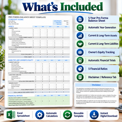 5-Year Pro Forma Balance Sheet Excel Template | Financial Projection Spreadsheet