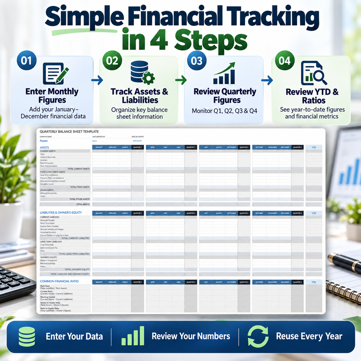 Quarterly Balance Sheet Excel Template | Monthly, Q1-Q4 & YTD Financial Spreadsheet