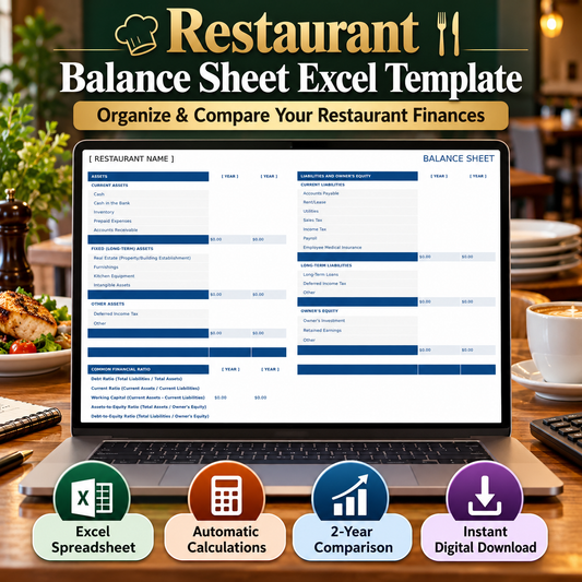 Restaurant Balance Sheet Excel Template – 2-Year Financial Comparison Spreadsheet