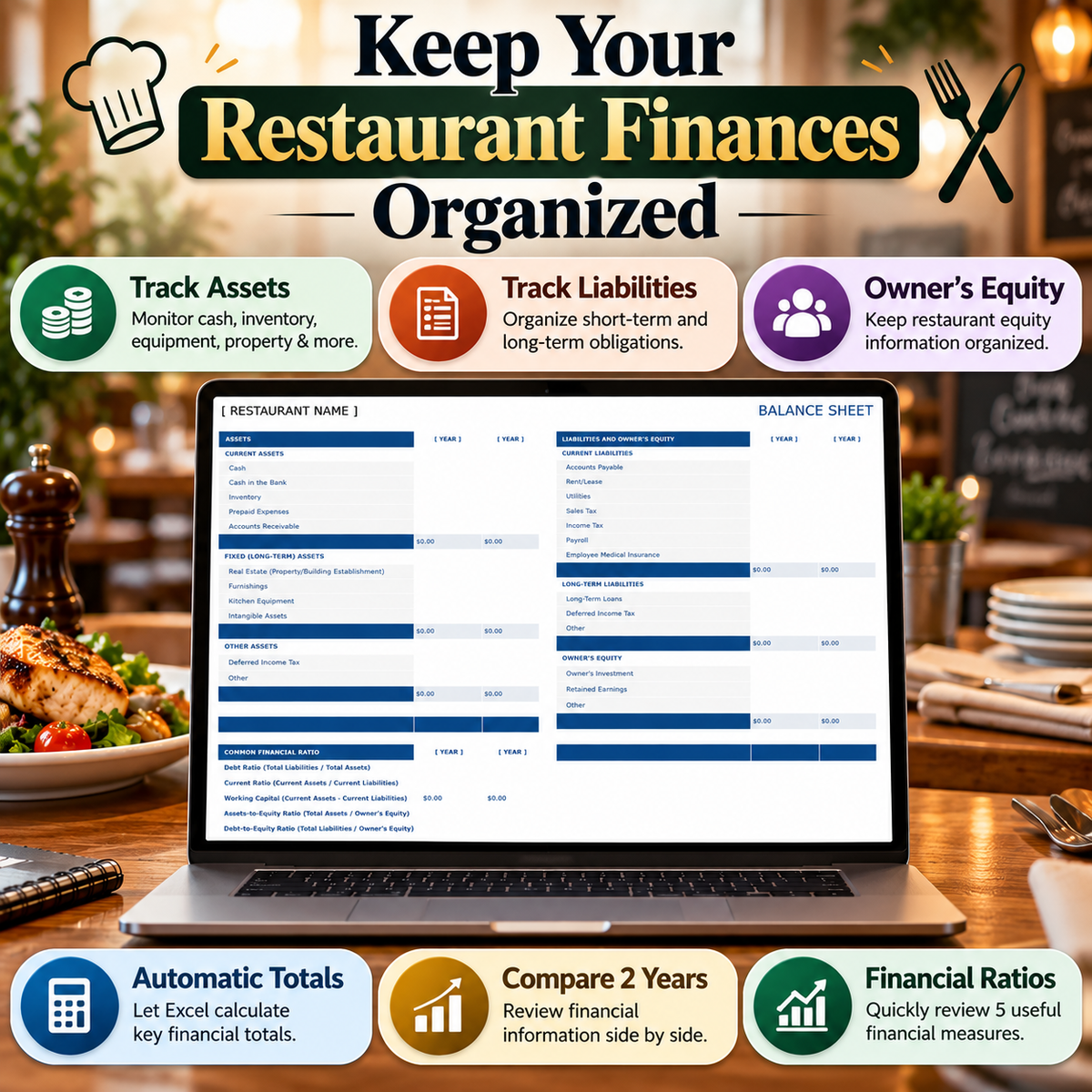 Restaurant Balance Sheet Excel Template – 2-Year Financial Comparison Spreadsheet