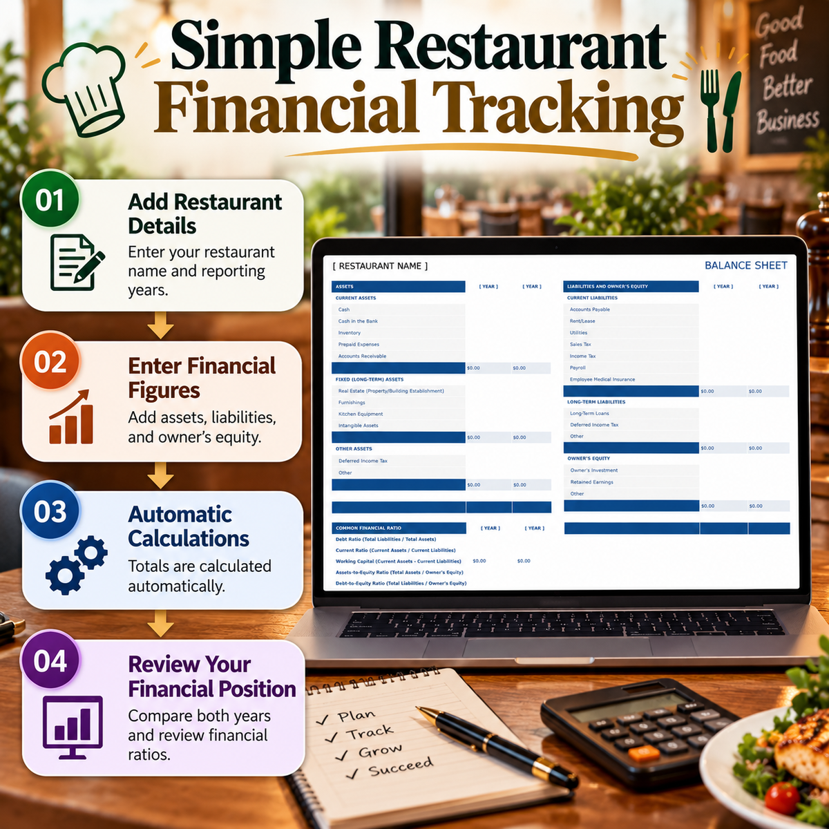 Restaurant Balance Sheet Excel Template – 2-Year Financial Comparison Spreadsheet