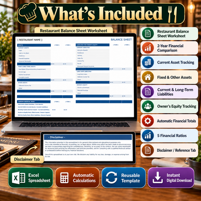 Restaurant Balance Sheet Excel Template – 2-Year Financial Comparison Spreadsheet