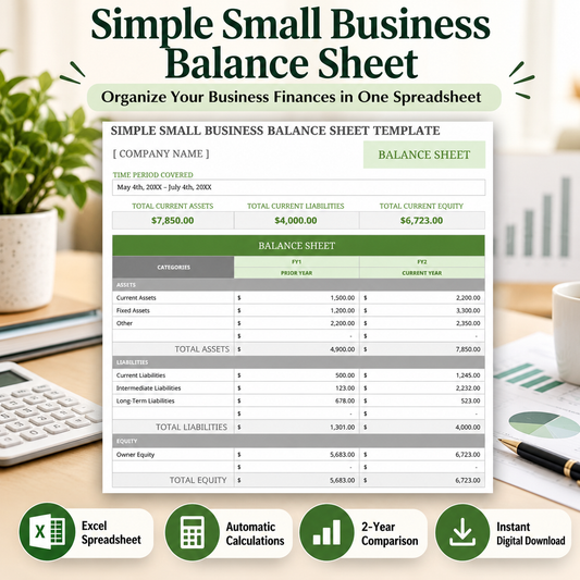 Simple Small Business Balance Sheet Excel Template | Assets Liabilities & Equity Spreadsheet