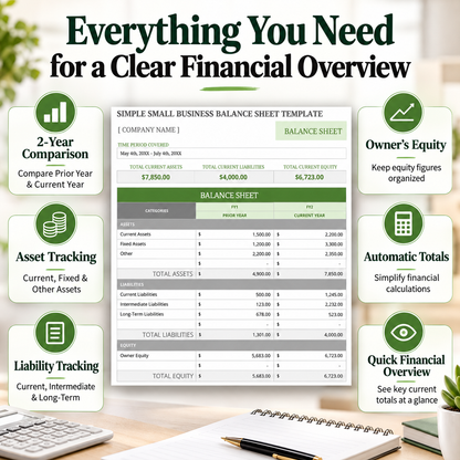 Simple Small Business Balance Sheet Excel Template | Assets Liabilities & Equity Spreadsheet