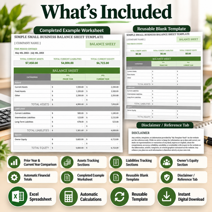 Simple Small Business Balance Sheet Excel Template | Assets Liabilities & Equity Spreadsheet