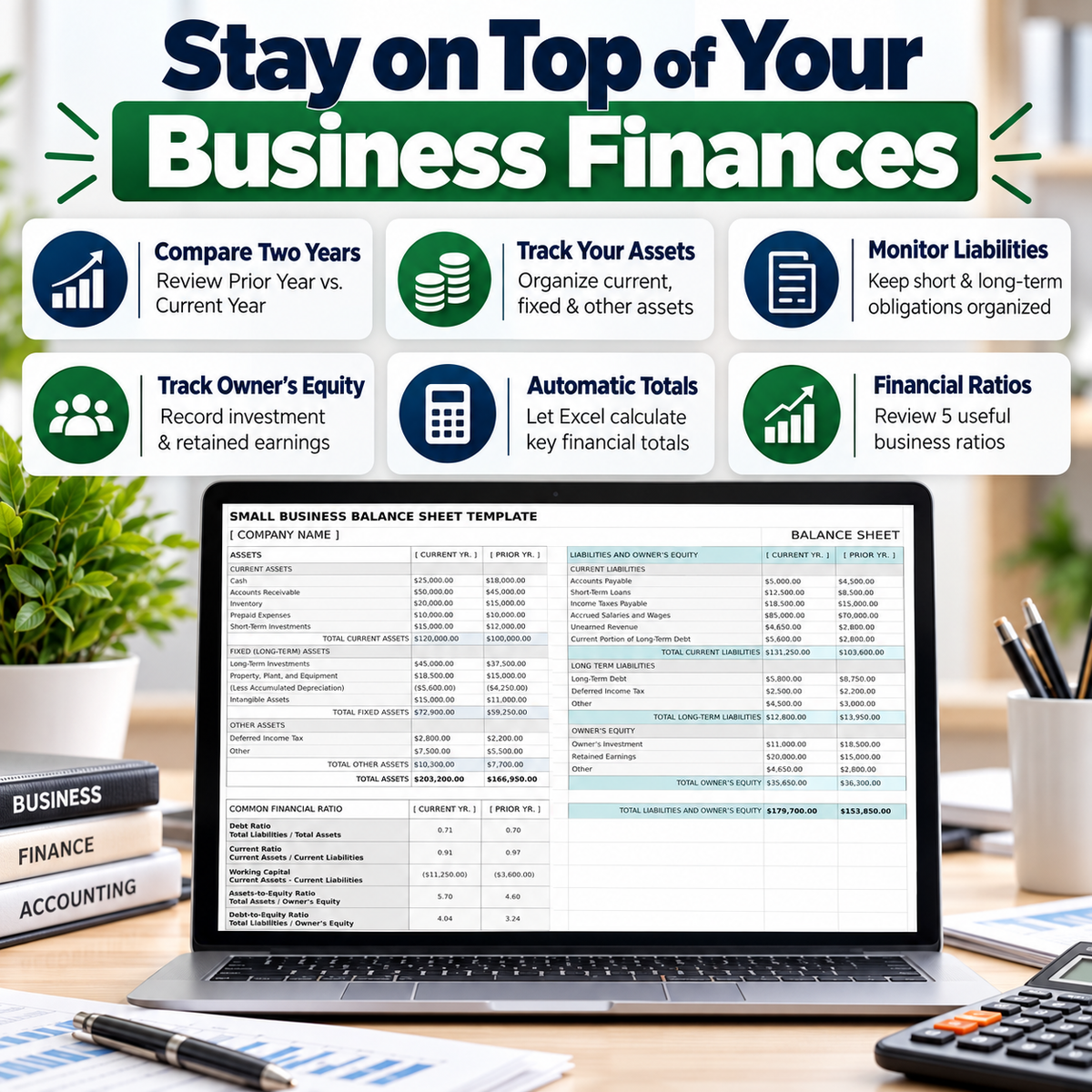 Small Business Balance Sheet Excel Template | 2-Year Financial Statement Spreadsheet