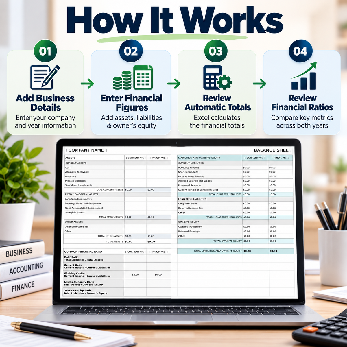 Small Business Balance Sheet Excel Template | 2-Year Financial Statement Spreadsheet