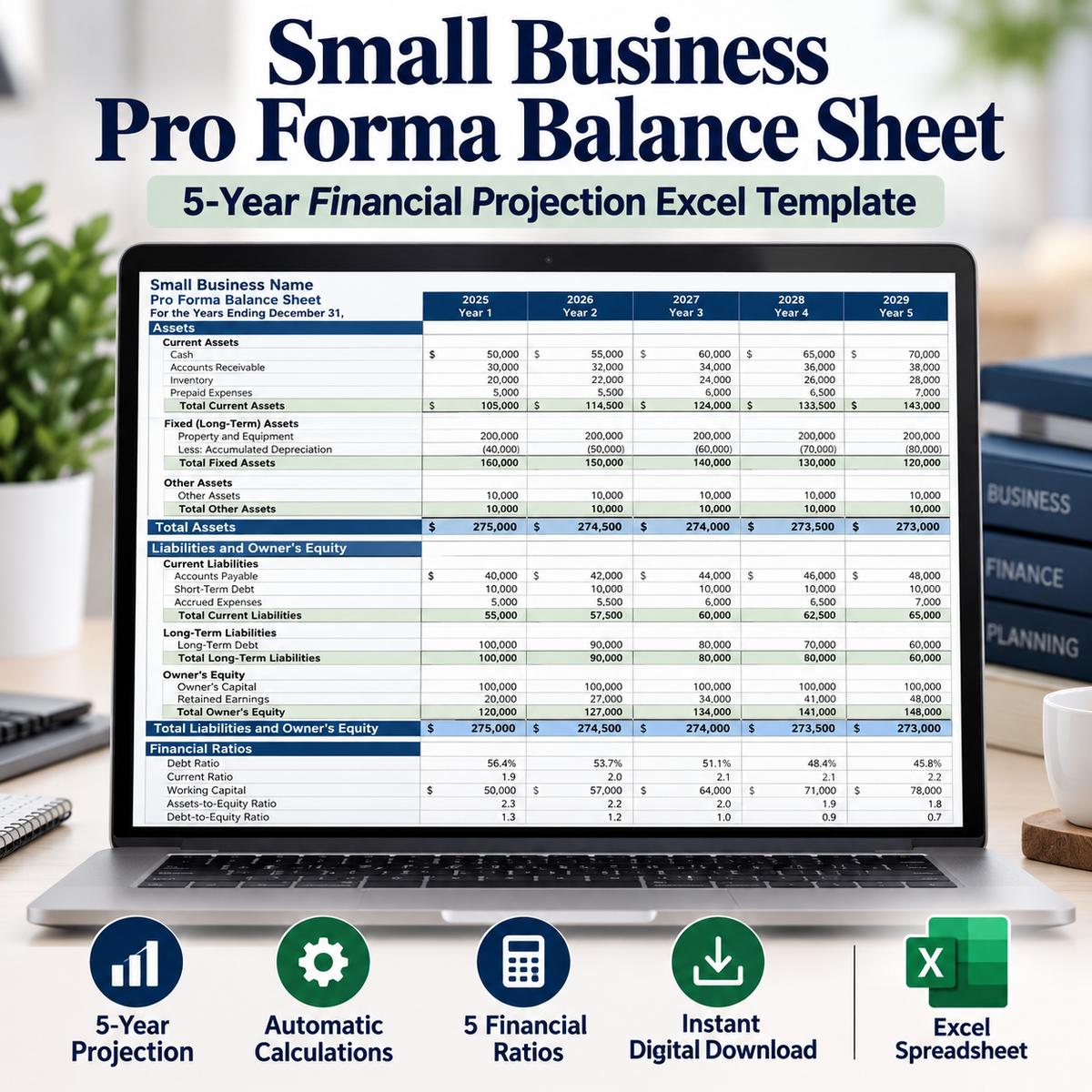Small Business Pro Forma Balance Sheet Excel Template | 5-Year Financial Projection Spreadsheet