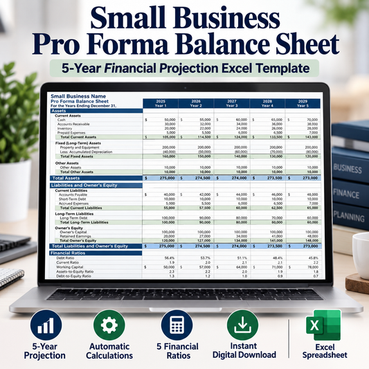 Small Business Pro Forma Balance Sheet Excel Template | 5-Year Financial Projection Spreadsheet