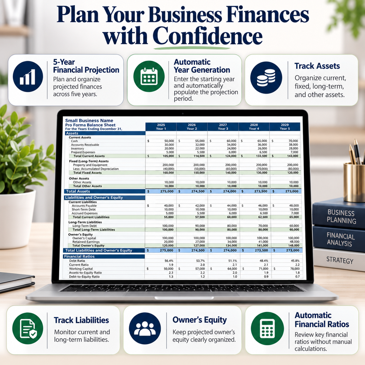 Small Business Pro Forma Balance Sheet Excel Template | 5-Year Financial Projection Spreadsheet