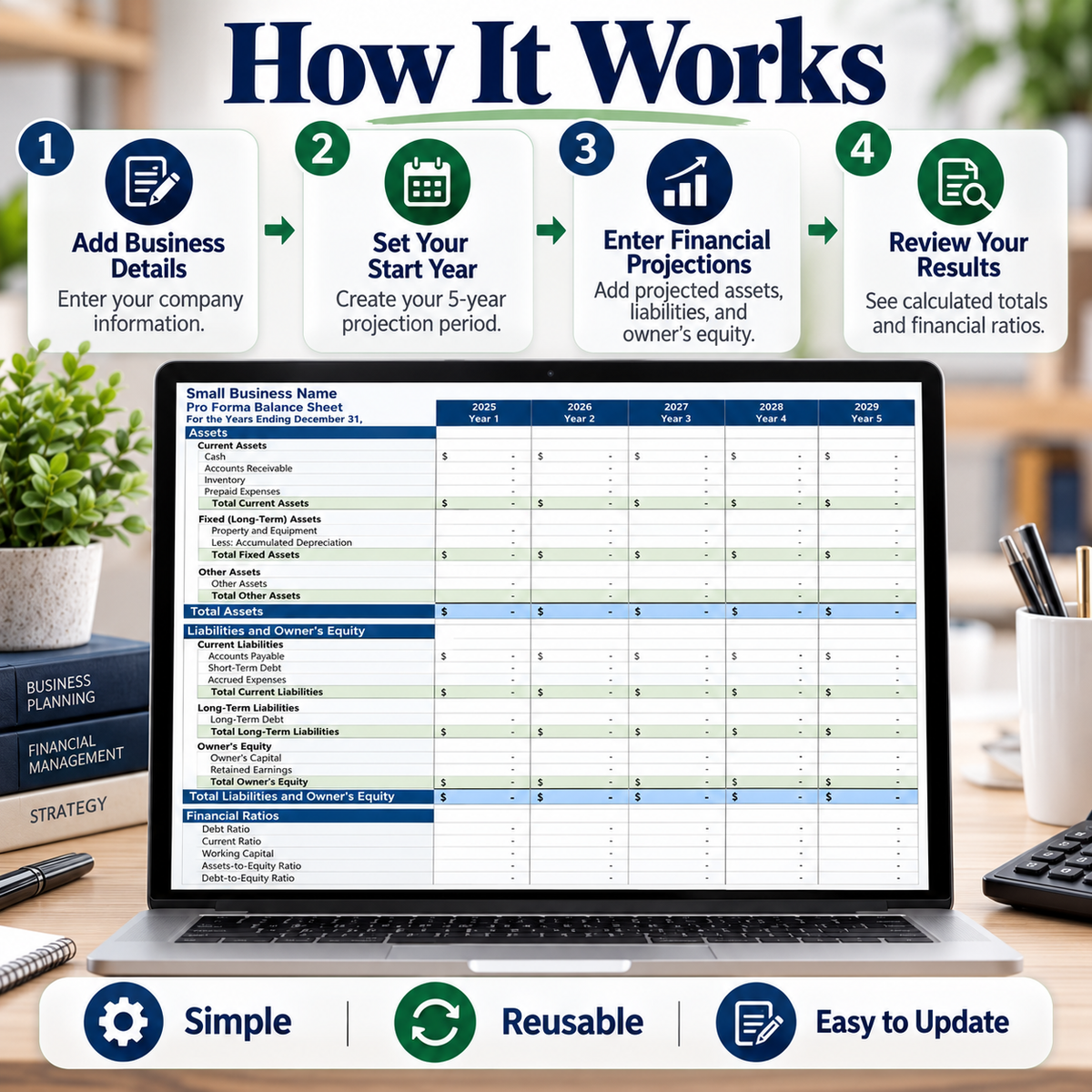 Small Business Pro Forma Balance Sheet Excel Template | 5-Year Financial Projection Spreadsheet