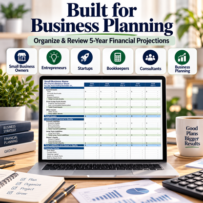 Small Business Pro Forma Balance Sheet Excel Template | 5-Year Financial Projection Spreadsheet