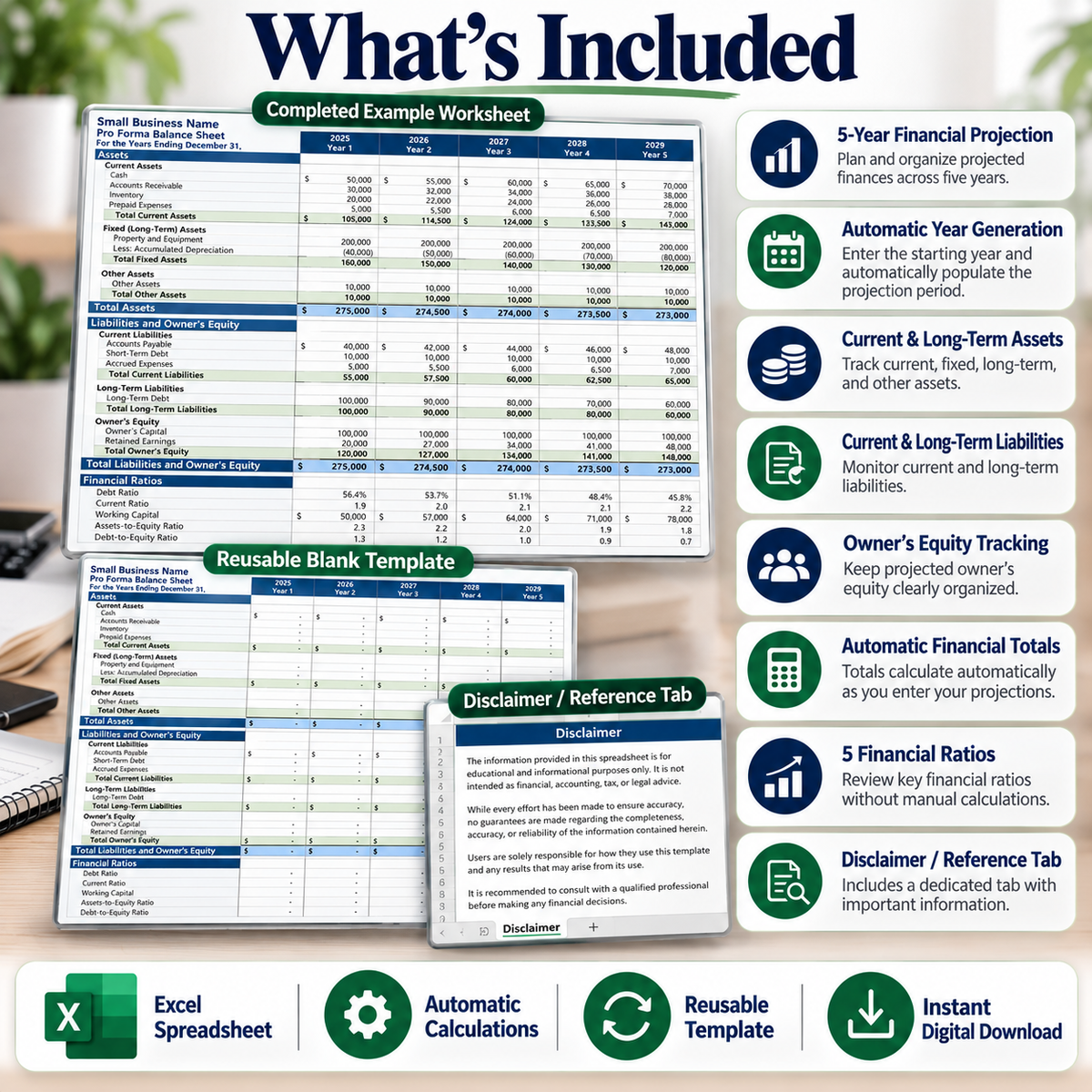 Small Business Pro Forma Balance Sheet Excel Template | 5-Year Financial Projection Spreadsheet