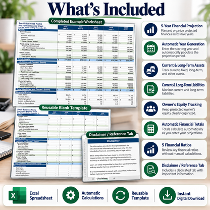 Small Business Pro Forma Balance Sheet Excel Template | 5-Year Financial Projection Spreadsheet